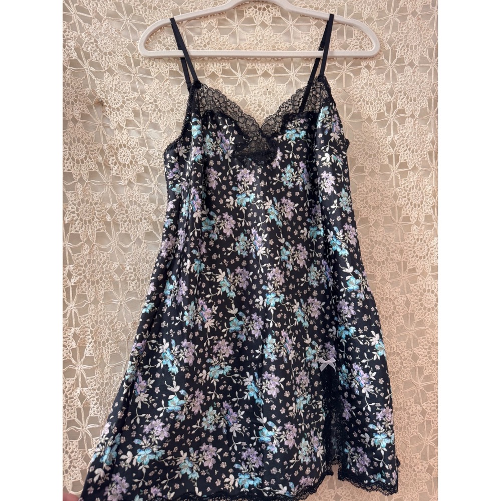 Victorias Secret Black Floral Lace Trim Slip Nightgown Sz M